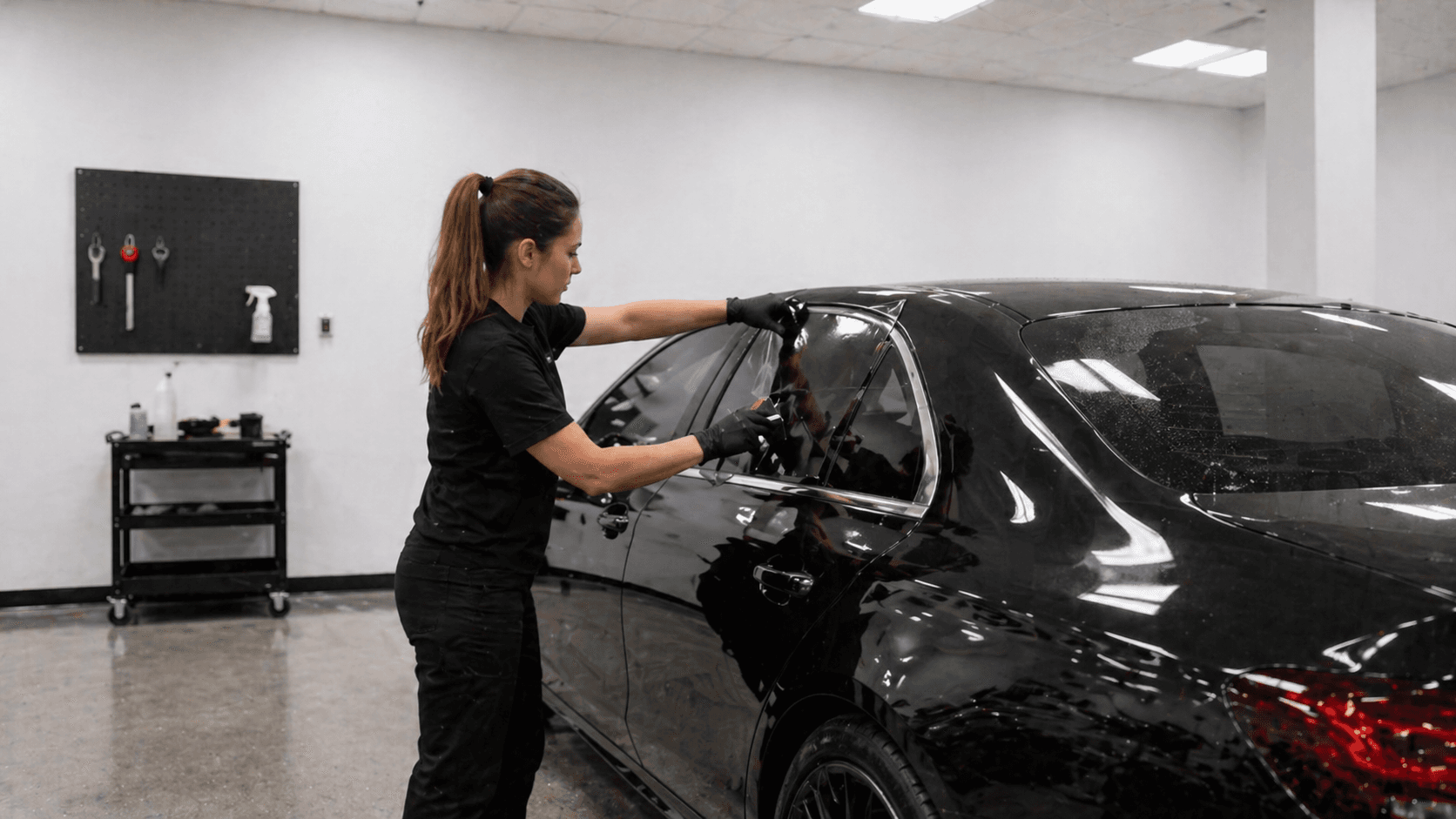 Technician applying window tint to a black sedan